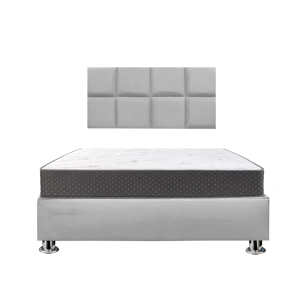 COMBO CAMA TAPIZADA SERENA - 2 PLZ GRIS CLARO + COLCHÓN SEMIORTOPÉDICO - 1