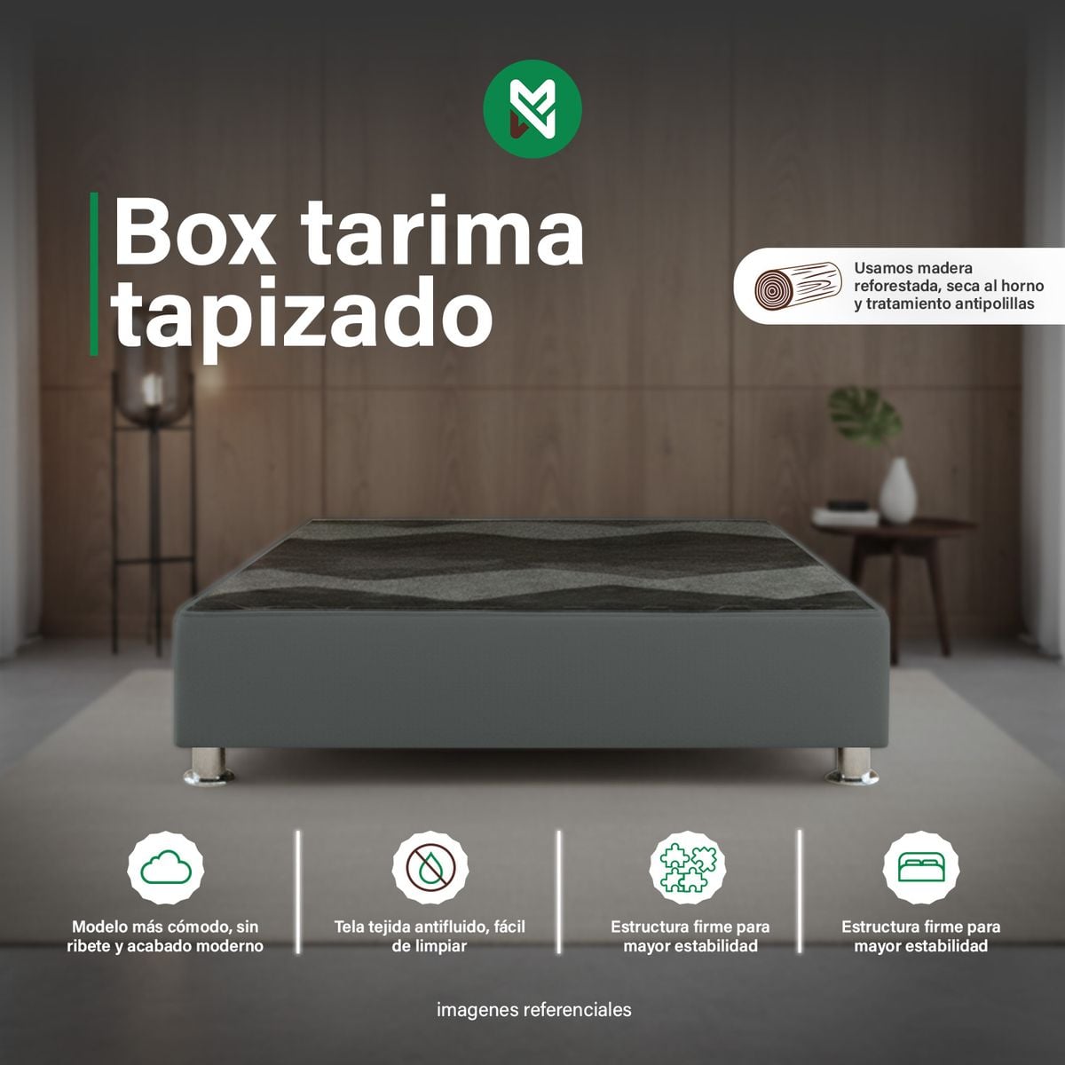 BOX TARIMA REFORZADO Y ACOLCHADO 1.5 PLZ - GRIS OSCURO / PATAS INSTALADAS - 1
