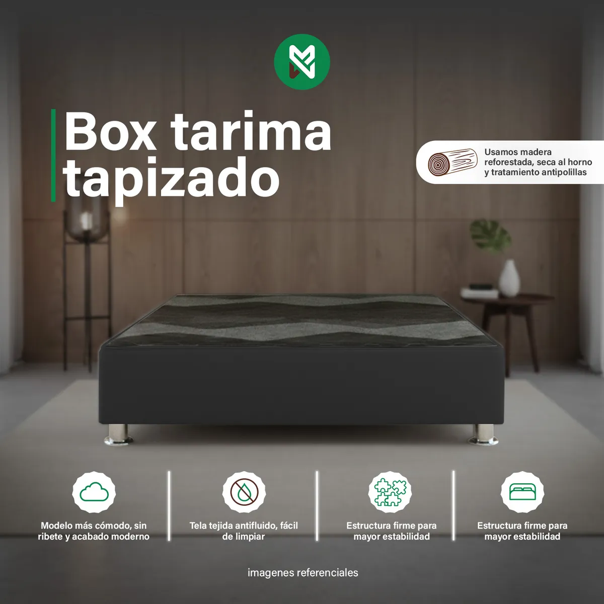 BOX TARIMA REFORZADO Y ACOLCHADO 1.5 PLAZAS - NEGRO / PATAS INSTALADAS - 1
