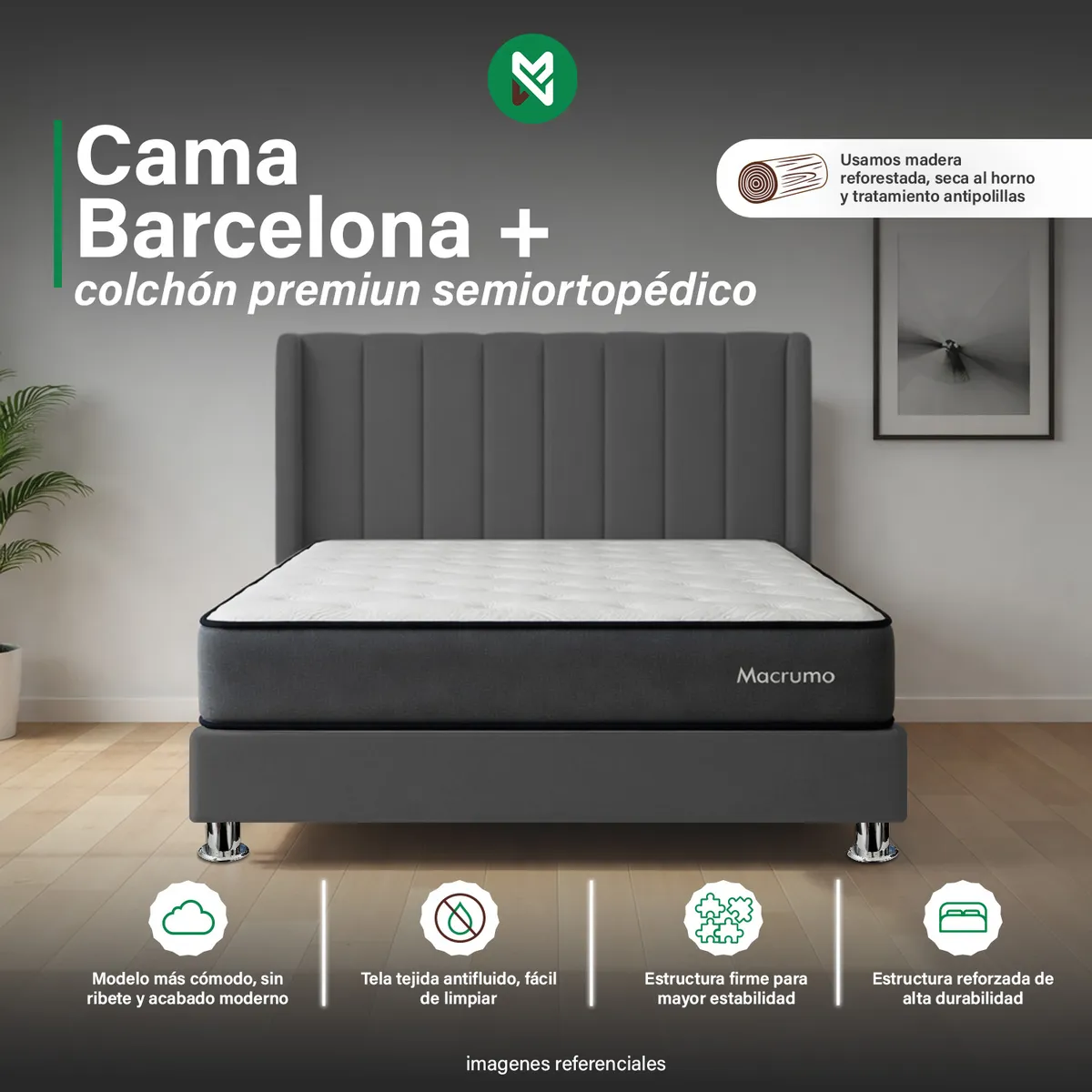 COMBO CAMA TAPIZADA BARCELONA -QUEEN - GRIS OSCURO +COLCHÓN PREMIUM SEMIORTOPÉDICO - 1