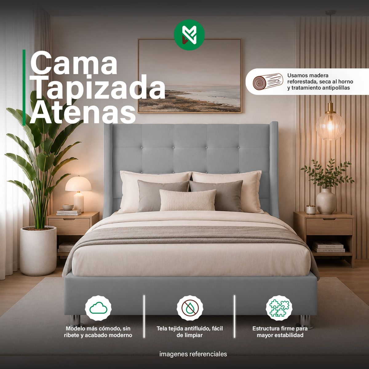 COMBO CAMA TAPIZADA ATENAS - QUEEN - GRIS CLARO+COLCHÓN SEMIORTOPÉDICO - 1