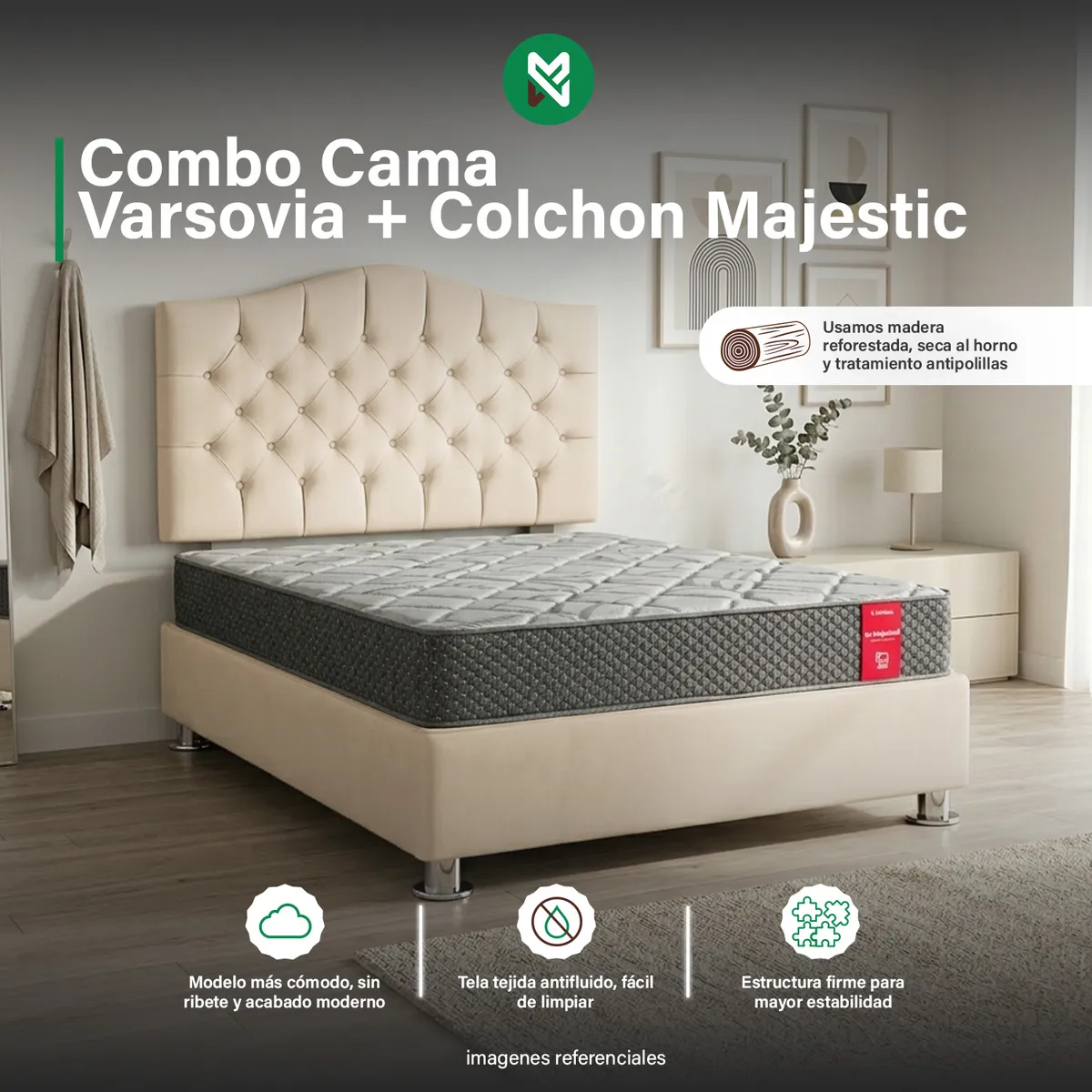 COMBO CAMA TAPIZADA VARSOVIA 2PLZ+COLCHON MAJESTIC PARAÍSO+ALMOHADA - BEIGE CLARO - 1