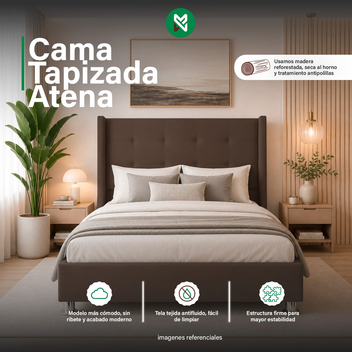 COMBO CAMA TAPIZADA ATENAS - QUEEN - MARRON + COLCHÓN SEMIORTOPÉDICO - 1
