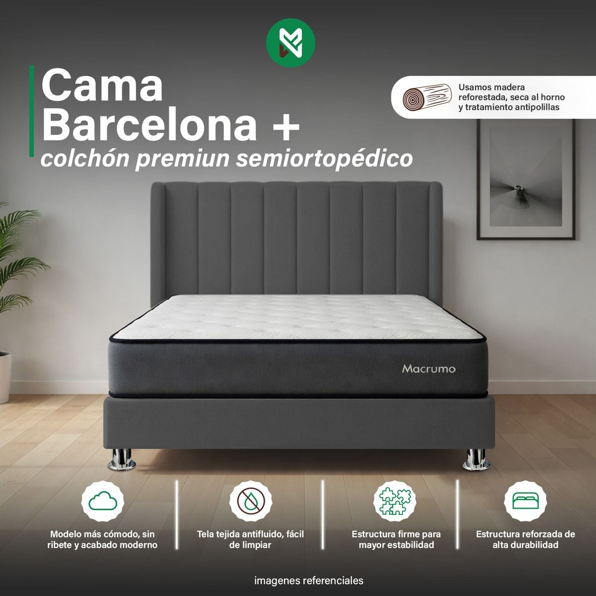 COMBO CAMA TAPIZADA BARCELONA -2PLZ - GRIS OSCURO +COLCHÓN PREMIUM SEMIORTOPÉDICO - 1