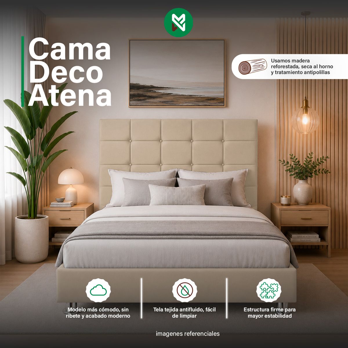 CAMA TAPIZADA DECO ATENAS KING 2 TARIMAS COLOR BEIGE CLARO - 1