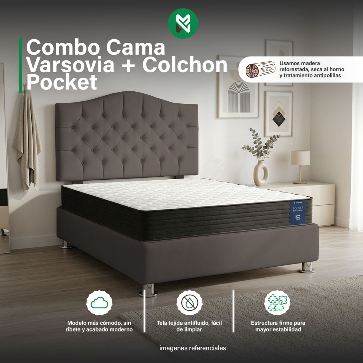 COMBO CAMA TAPIZADA VARSOVIA 2P+COLCHON POCKET ITALIANO PARAÍSO+ALMOHADA - BEIGE OSCURO - 1