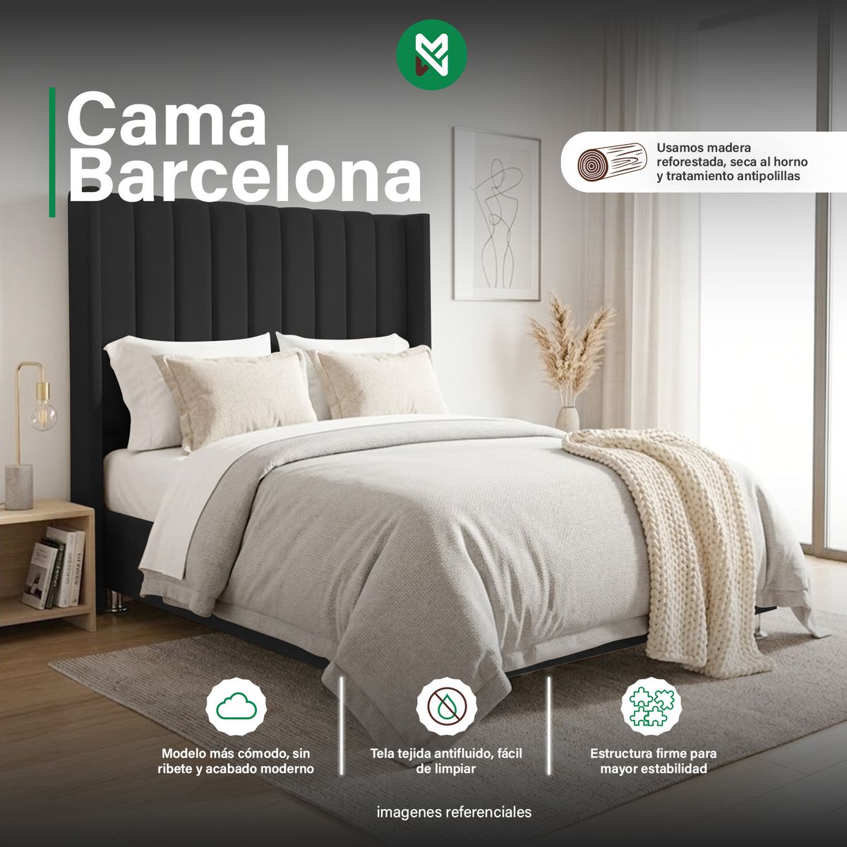 COMBO CAMA TAPIZADA BARCELONA - 2 PLZ NEGRO + COLCHÓN SEMIORTOPÉDICO - 1