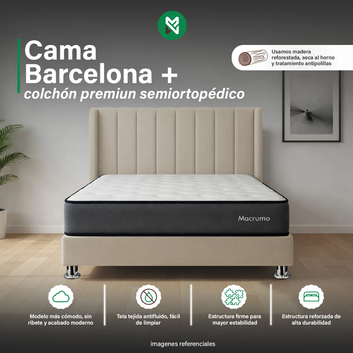 COMBO CAMA TAPIZADA BARCELONA -2PLZ - BEIGE CLARO +COLCHÓN PREMIUM SEMIORTOPÉDICO - 1