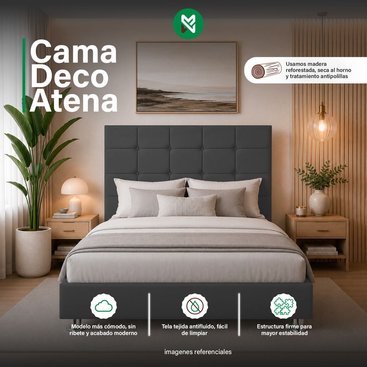 CAMA TAPIZADA DECO ATENAS - QUEEN - COLOR GRIS OSCURO - 1