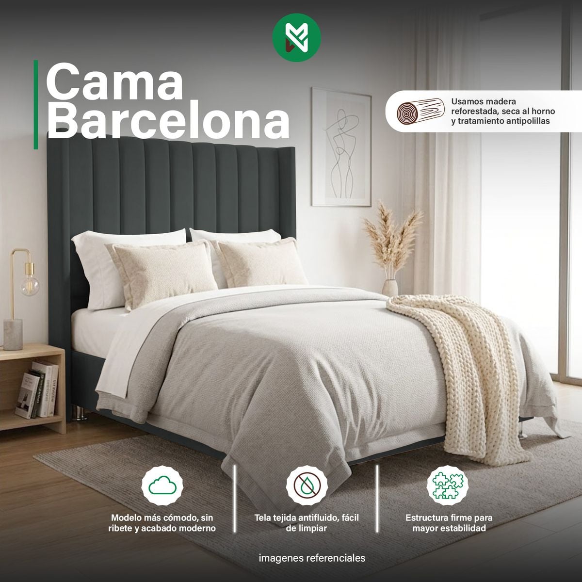 CAMA TAPIZADA BARCELONA BRAZO RECTO - KING - COLOR GRIS OSCURO - 1