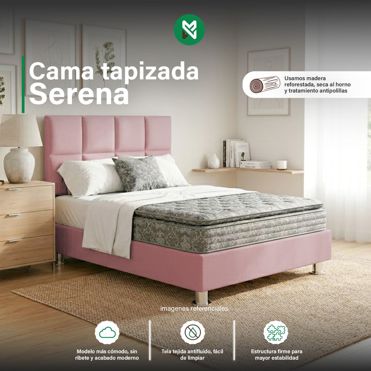 CAMA TAPIZADA SERENA + ALMOHADA - QUEEN PLZ - COLOR ROSADO - 1
