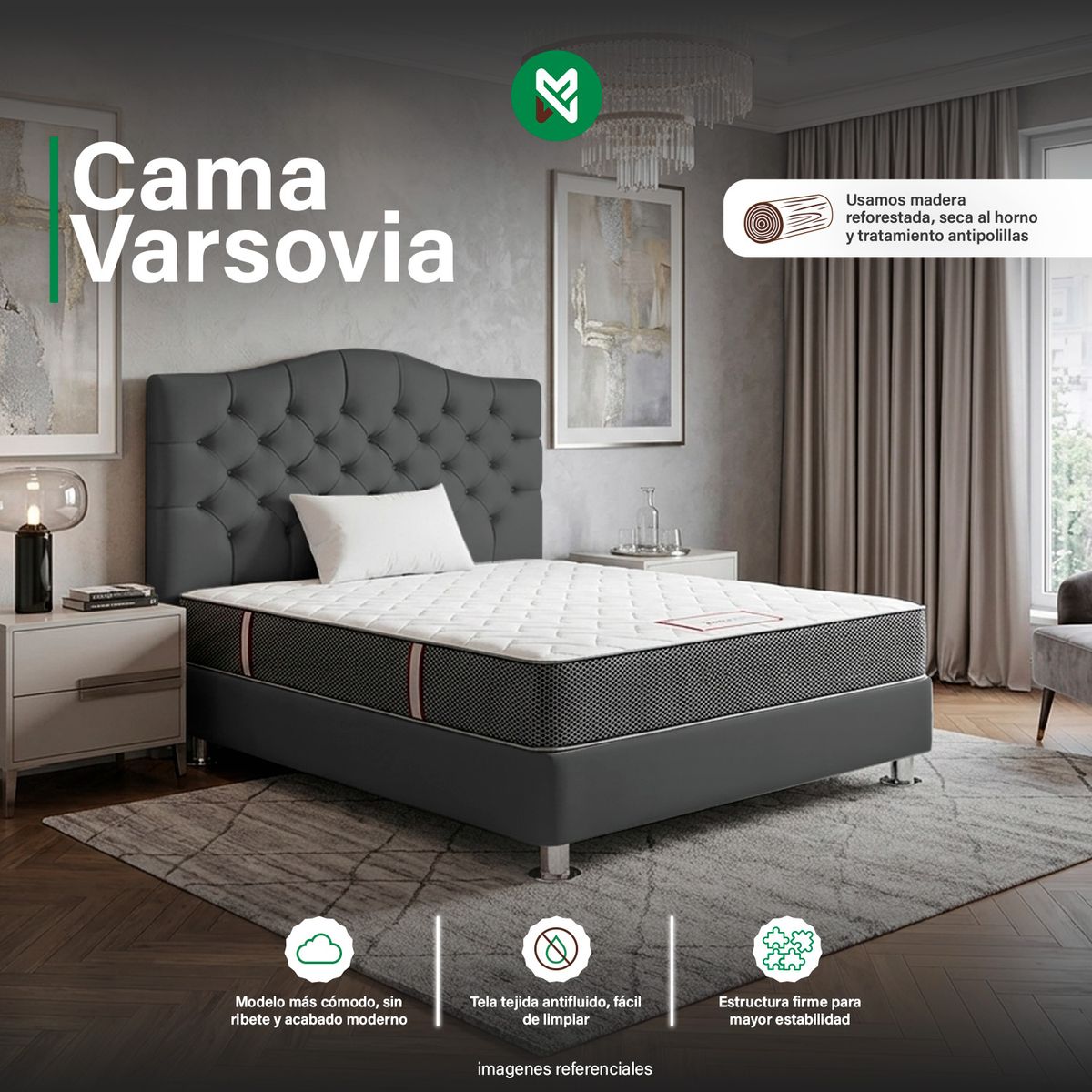 COMBO CAMA TAPIZADA VARSOVIA PLOMO 2PLZ + COLCHON SEMIORTOPEDICO + ALM - 1