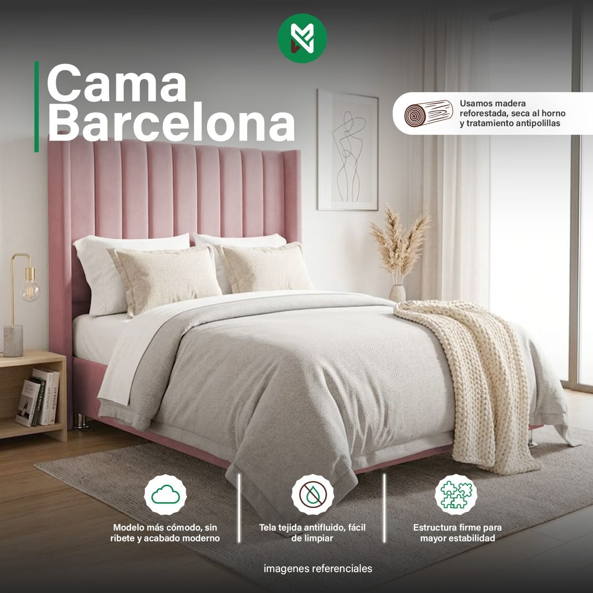 CAMA TAPIZADA BARCELONA BRAZO RECTO - KING - COLOR ROSADO - 1