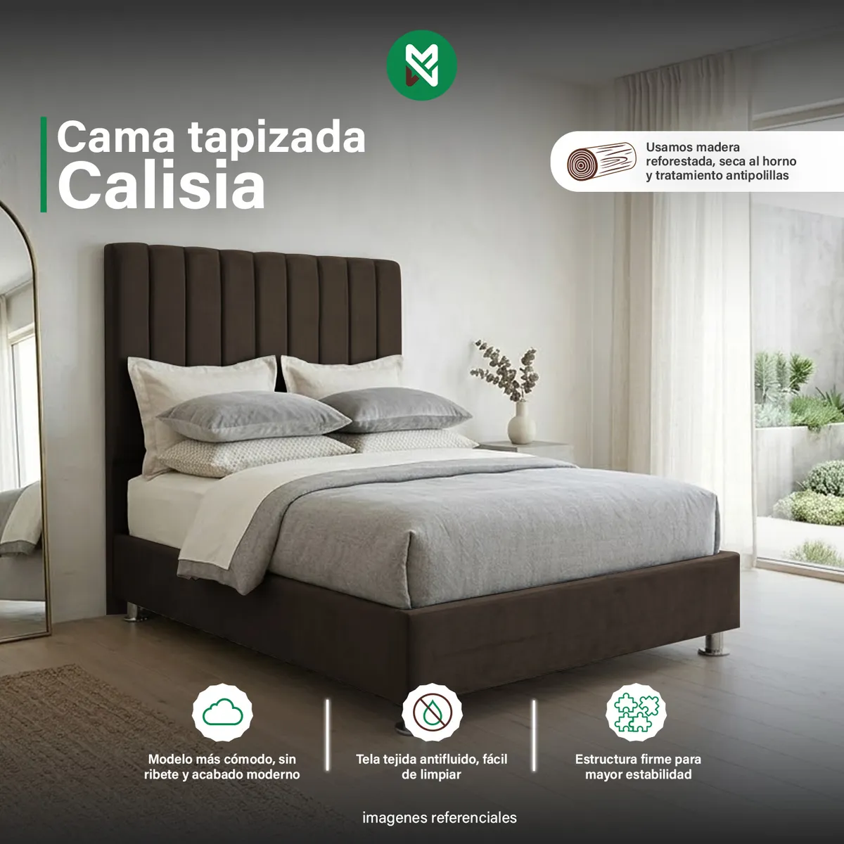 COMBO CAMA TAPIZADA CALISIA MARRÓN - 2 PLZ + COLCHÓN SEMIORTOPÉDICO - 1