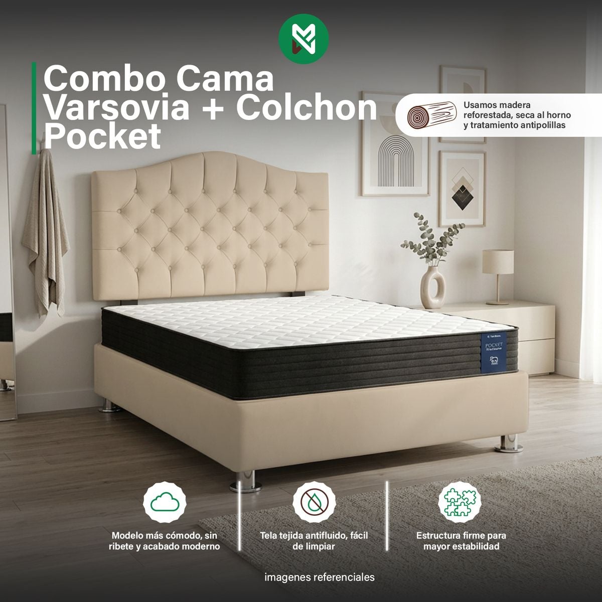 COMBO CAMA TAPIZADA VARSOVIA 2P+COLCHON POCKET ITALIANO PARAÍSO+ALMOHADA - BEIGE CLARO - 1
