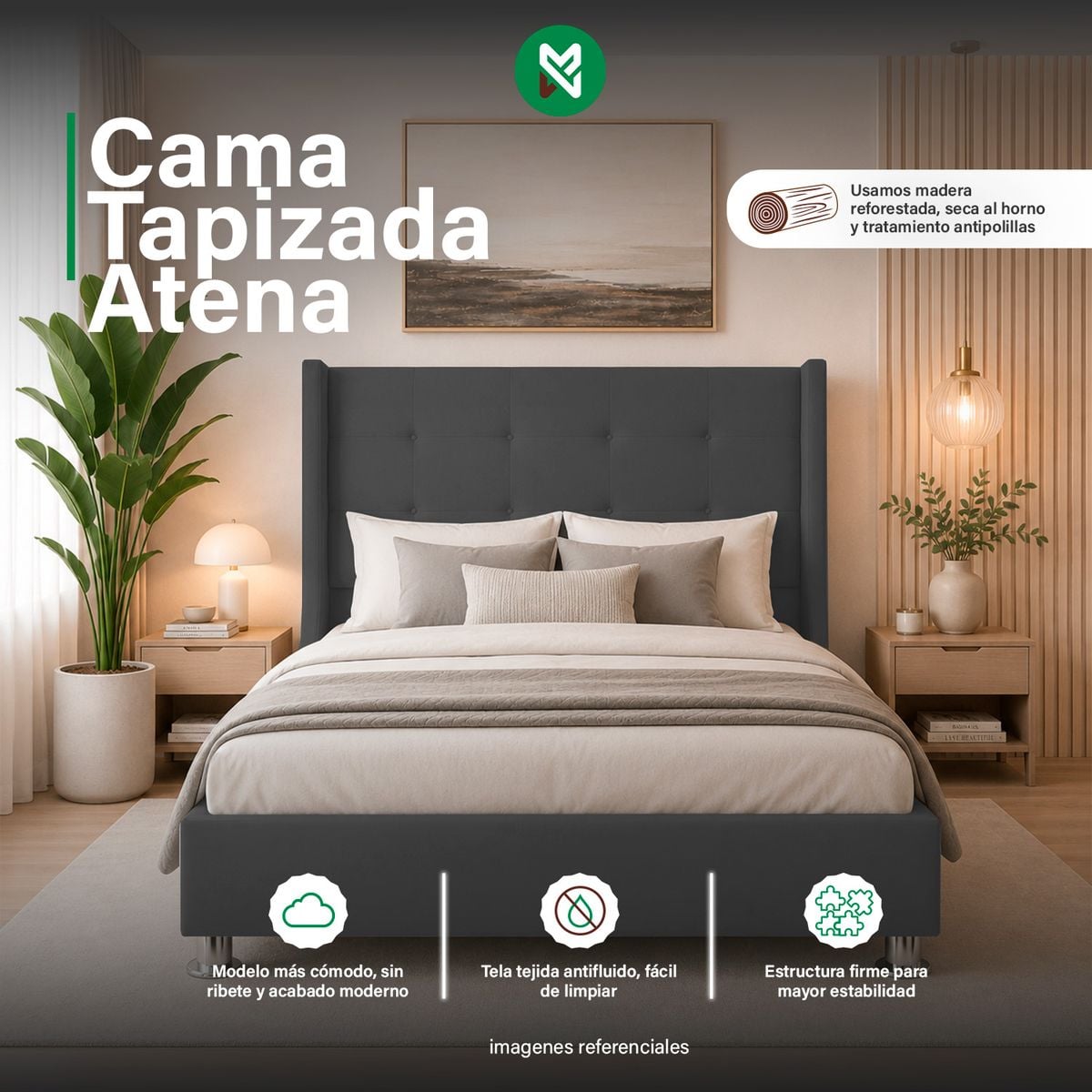COMBO CAMA TAPIZADA ATENAS - QUEEN -GRIS OSCURO+COLCHÓN SEMIORTOPÉDICO - 1
