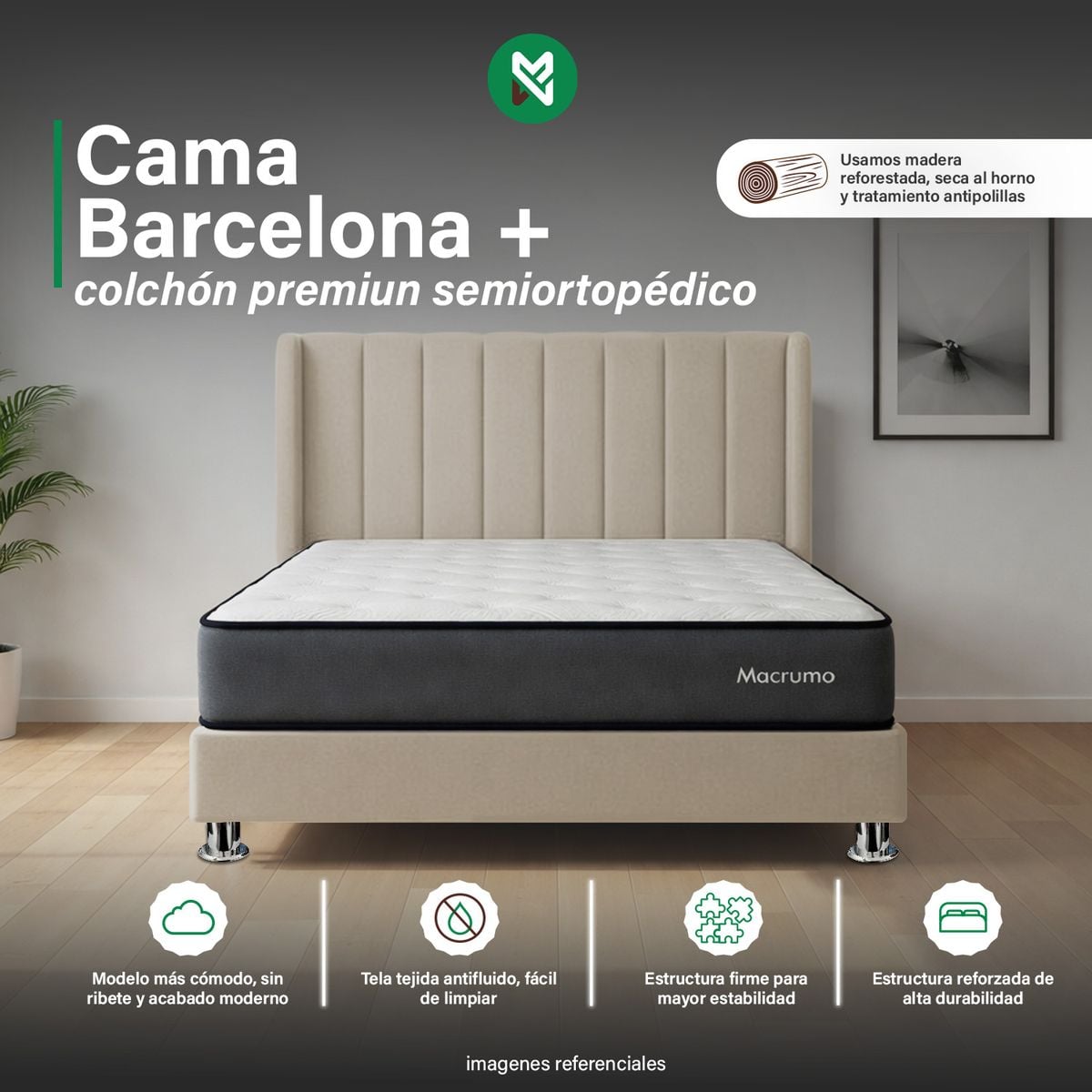 COMBO CAMA TAPIZADA BARCELONA -QUEEN - BEIGE CLARO +COLCHÓN PREMIUM SEMIORTOPÉDICO - 1