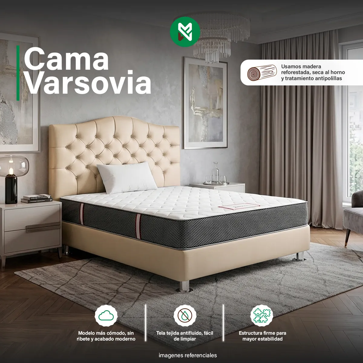 COMBO CAMA TAPIZADA VARSOVIA KING BEIGE + COLCHON + ALMOHADA - 1