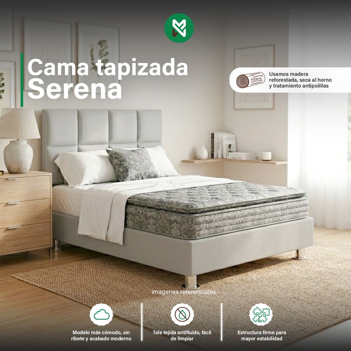 CAMA TAPIZADA SERENA + ALMOHADA - QUEEN PLZ - COLOR GRIS CLARO - 1