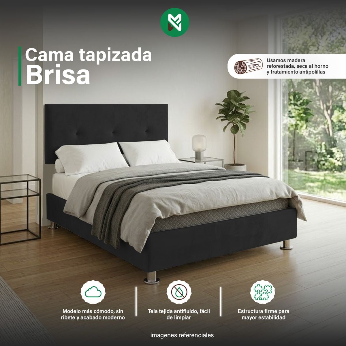 CAMA TAPIZADA BRISA - KING 2 TARIMAS- COLOR NEGRO - 1