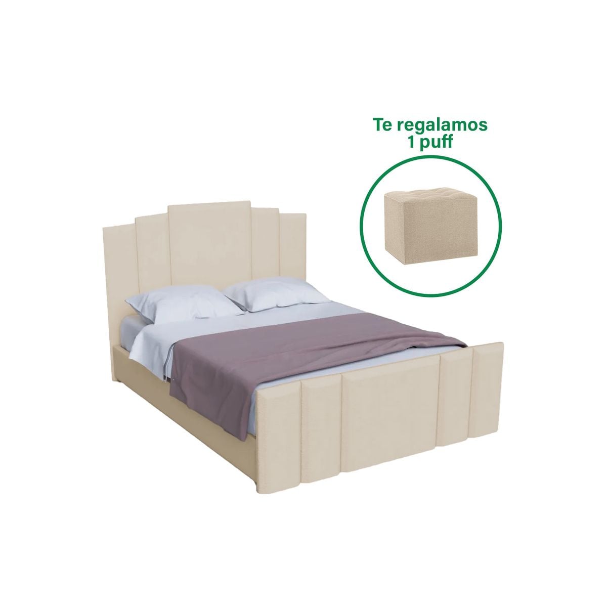 CAMA TAPIZADA PREMIUM KENA BEIGE - QUEEN - PERSONALIZA EL COLOR + PUFF GRATIS - 1