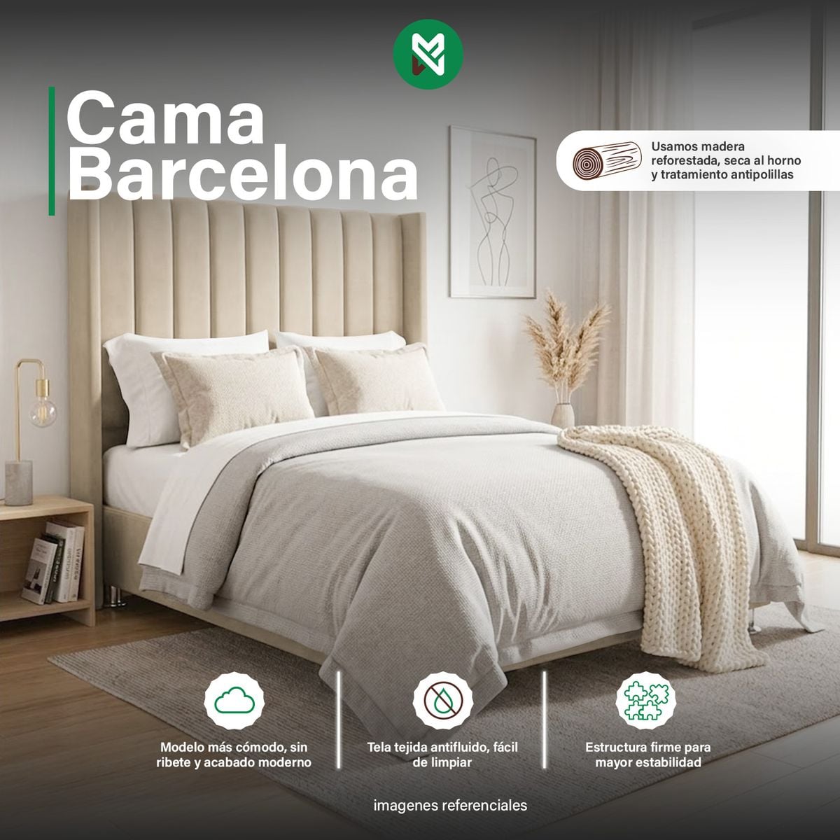 COMBO CAMA TAPIZADA BARCELONA-QUEEN BEIGE CLARO+COLCHÓN SEMIORTOPÉDICO - 1