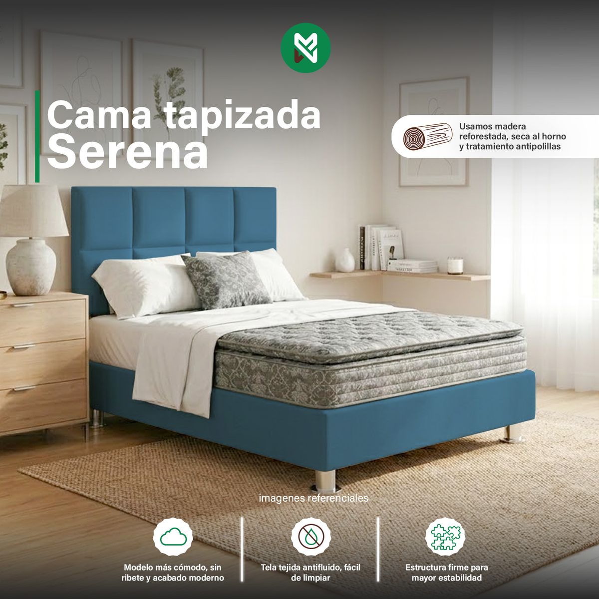COMBO CAMA TAPIZADA SERENA - QUEEN TURQUESA + COLCHÓN SEMIORTOPÉDICO - 1
