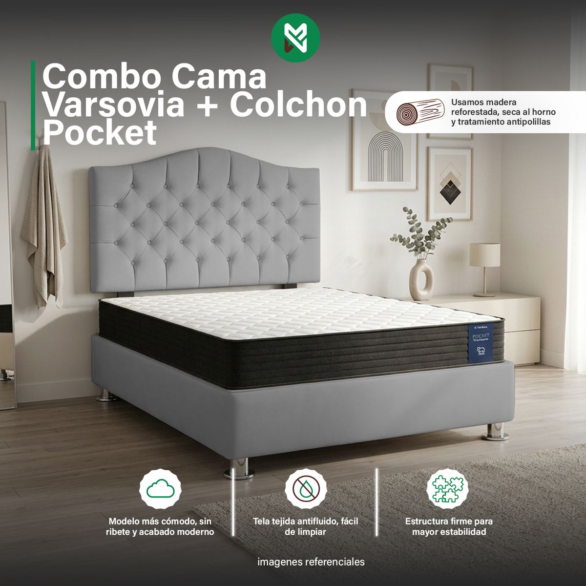 COMBO CAMA TAPIZADA VARSOVIA 2P+COLCHON POCKET ITALIANO PARAÍSO+ALMOHADA - GRIS CLARO - 1
