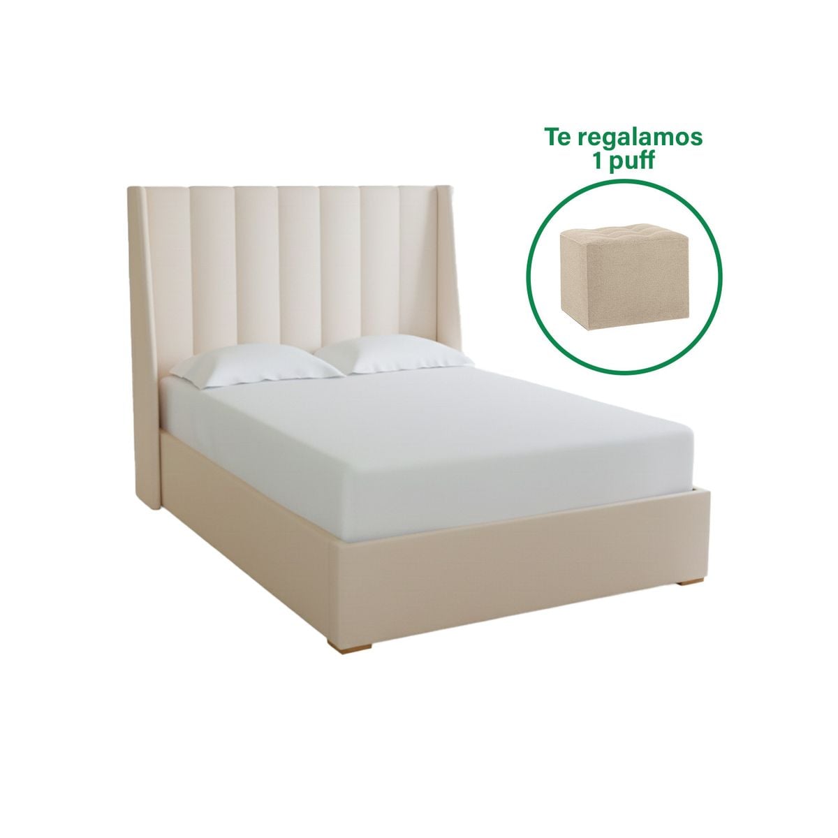 CAMA TAPIZADA PREMIUM PRAGA BEIGE -KING 2 PIEZAS - PERSONALIZA EL COLOR + PUFF GRATIS - 1
