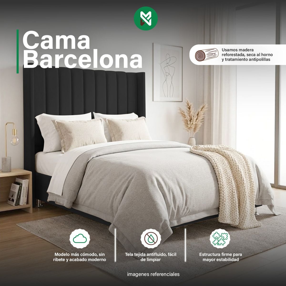 CAMA TAPIZADA BARCELONA BRAZO RECTO - KING - COLOR NEGRO - 1