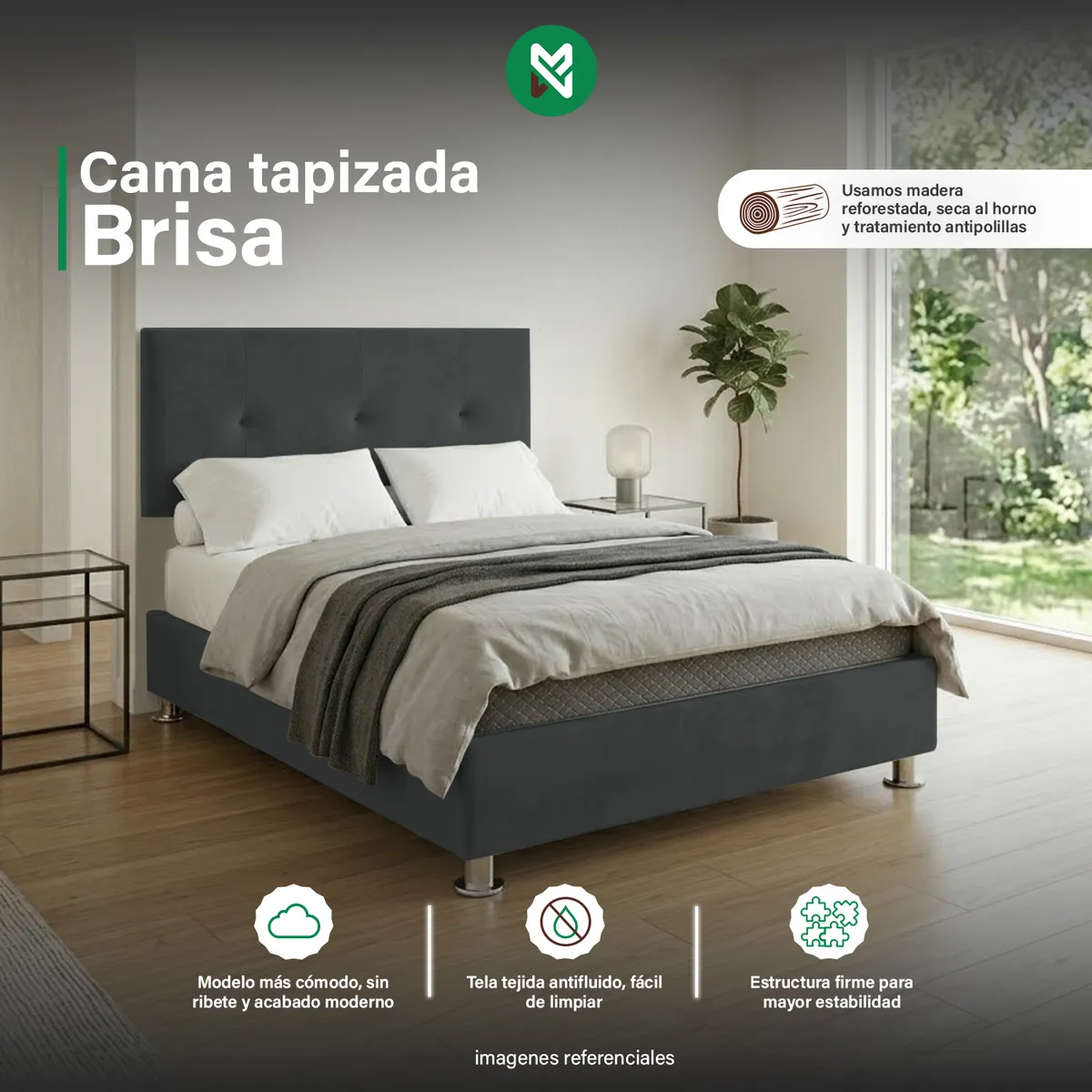 CAMA TAPIZADA BRISA - QUEEN - COLOR PLOMO - 1
