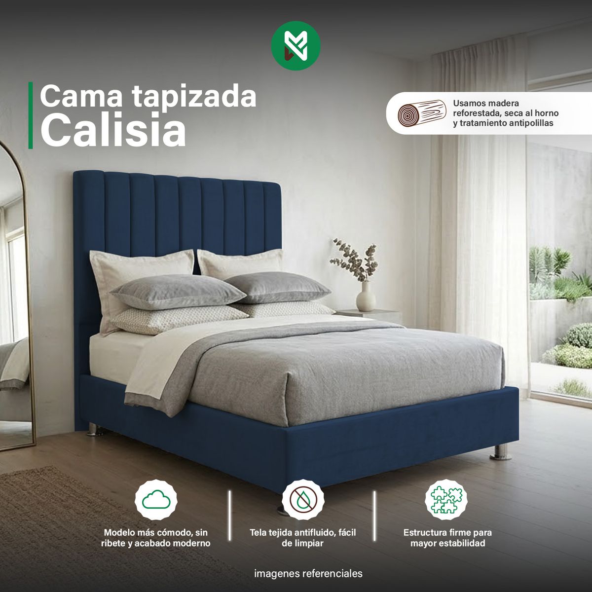 COMBO CAMA TAPIZADA CALISIA AZUL - 2 PLZ + COLCHÓN SEMIORTOPÉDICO - 1