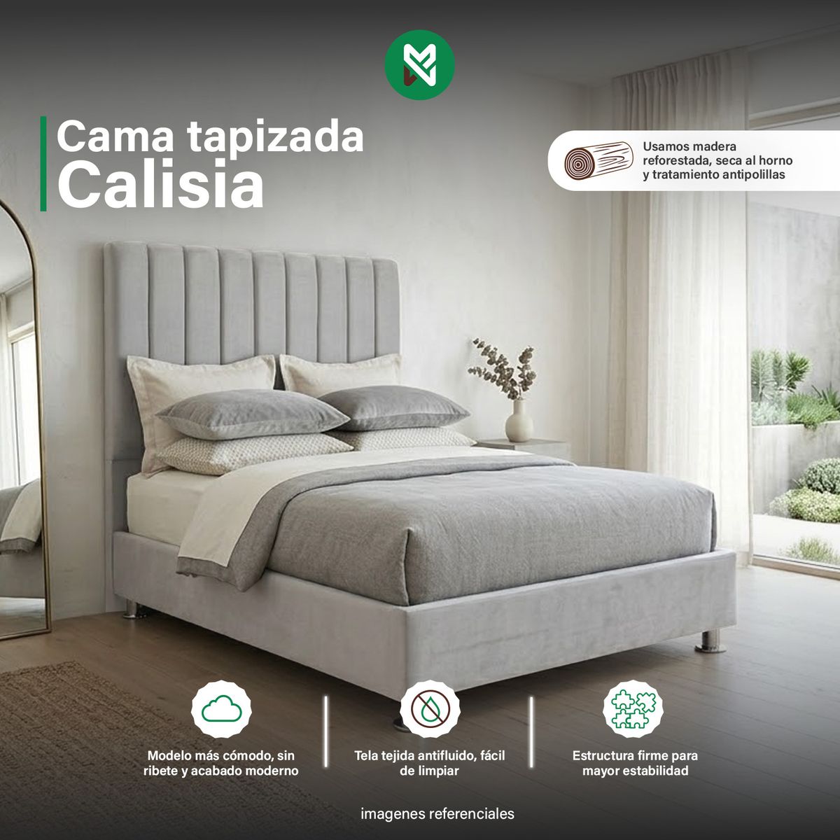 COMBO CAMA TAPIZADA CALISIA GRIS CLARO - 2 PLZ + COLCHÓN - 1