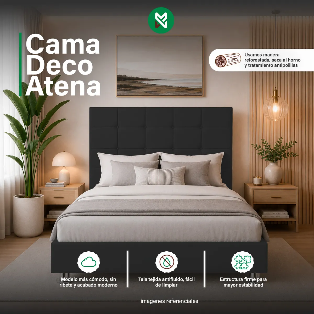 CAMA TAPIZADA DECO ATENAS KING 2 TARIMAS COLOR NEGRO - 1