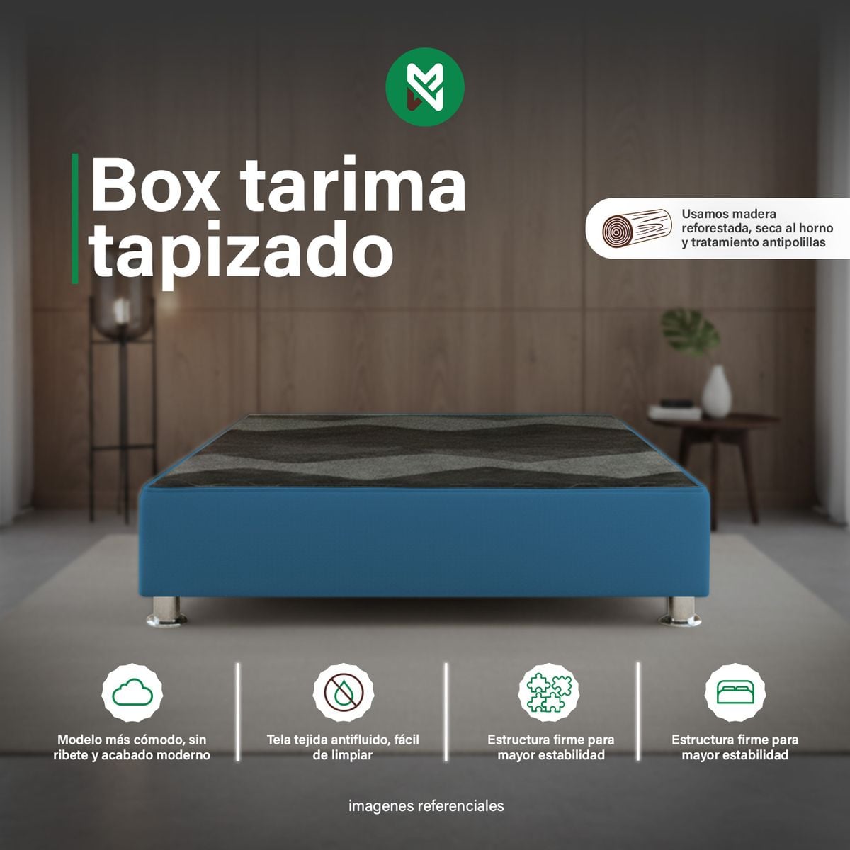 BOX TARIMA REFORZADO Y ACOLCHADA 2 PLAZAS - COLOR TURQUESA / PATAS INSTALADAS - 1