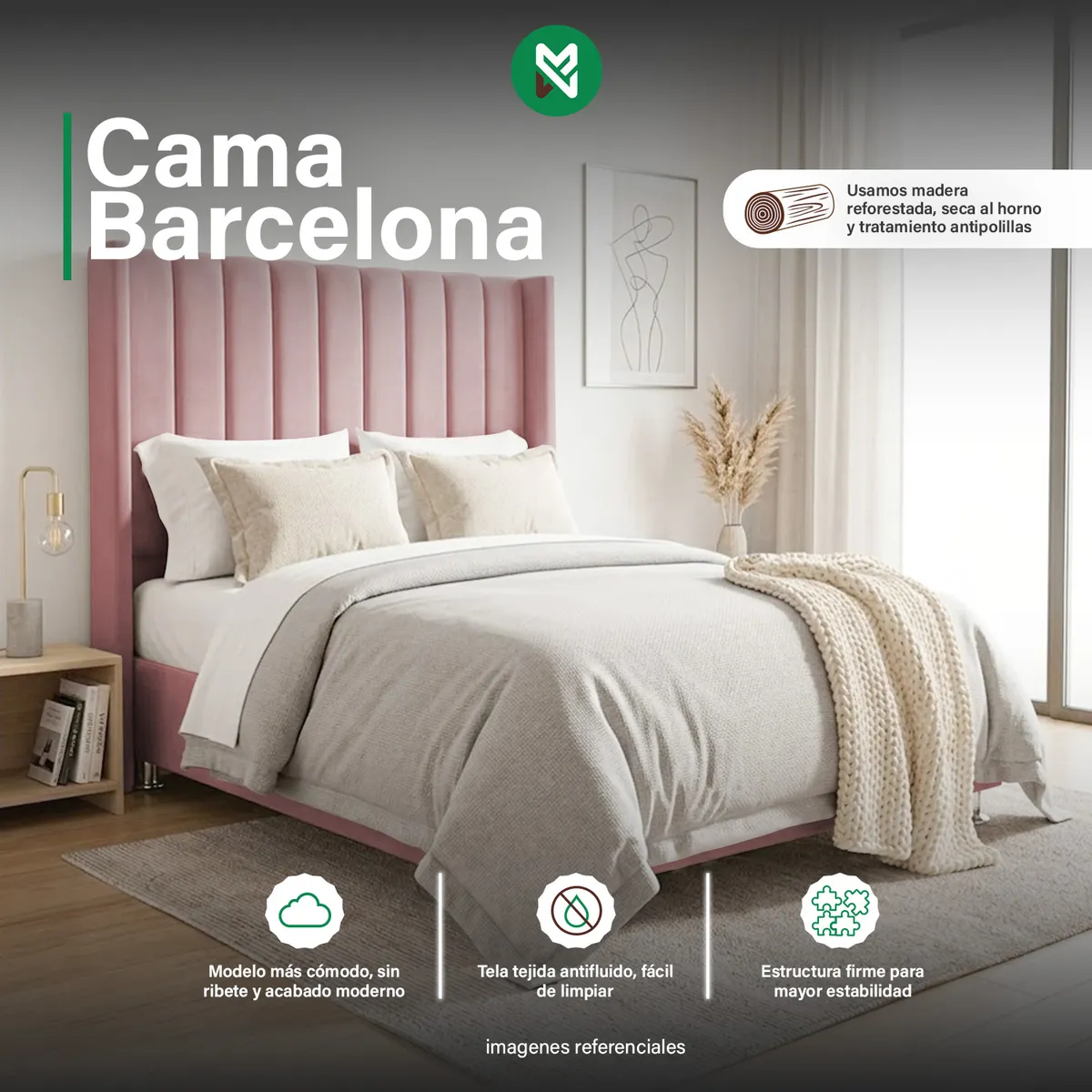 COMBO CAMA TAPIZADA BARCELONA - QUEEN ROSADO + COLCHÓN SEMIORTOPÉDICO - 1