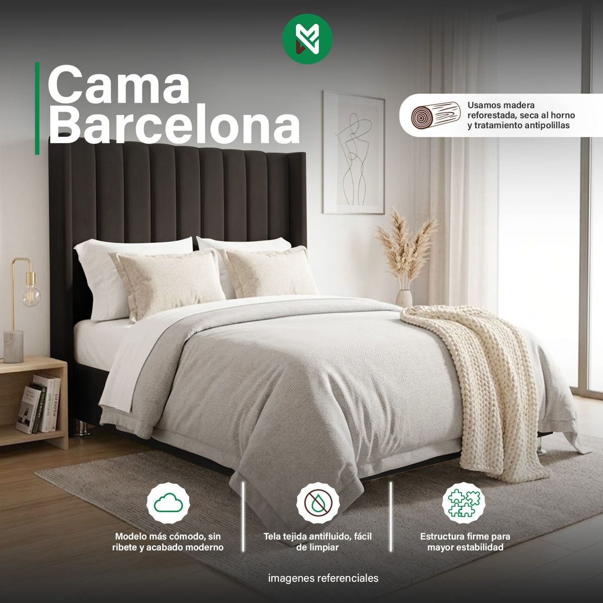 COMBO CAMA TAPIZADA BARCELONA - 2 PLZ MARRÓN + COLCHÓN SEMIORTOPÉDICO - 1