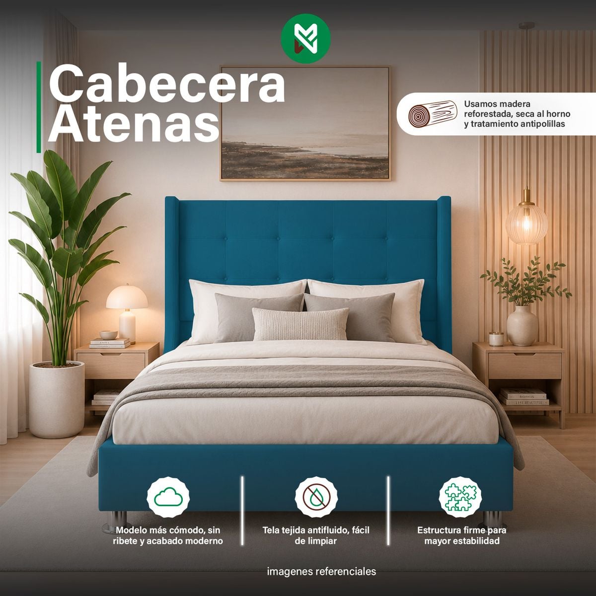 COMBO CAMA TAPIZADA ATENAS - 2 PLZ - TURQUESA + COLCHÓN SEMIORTOPÉDICO - 1