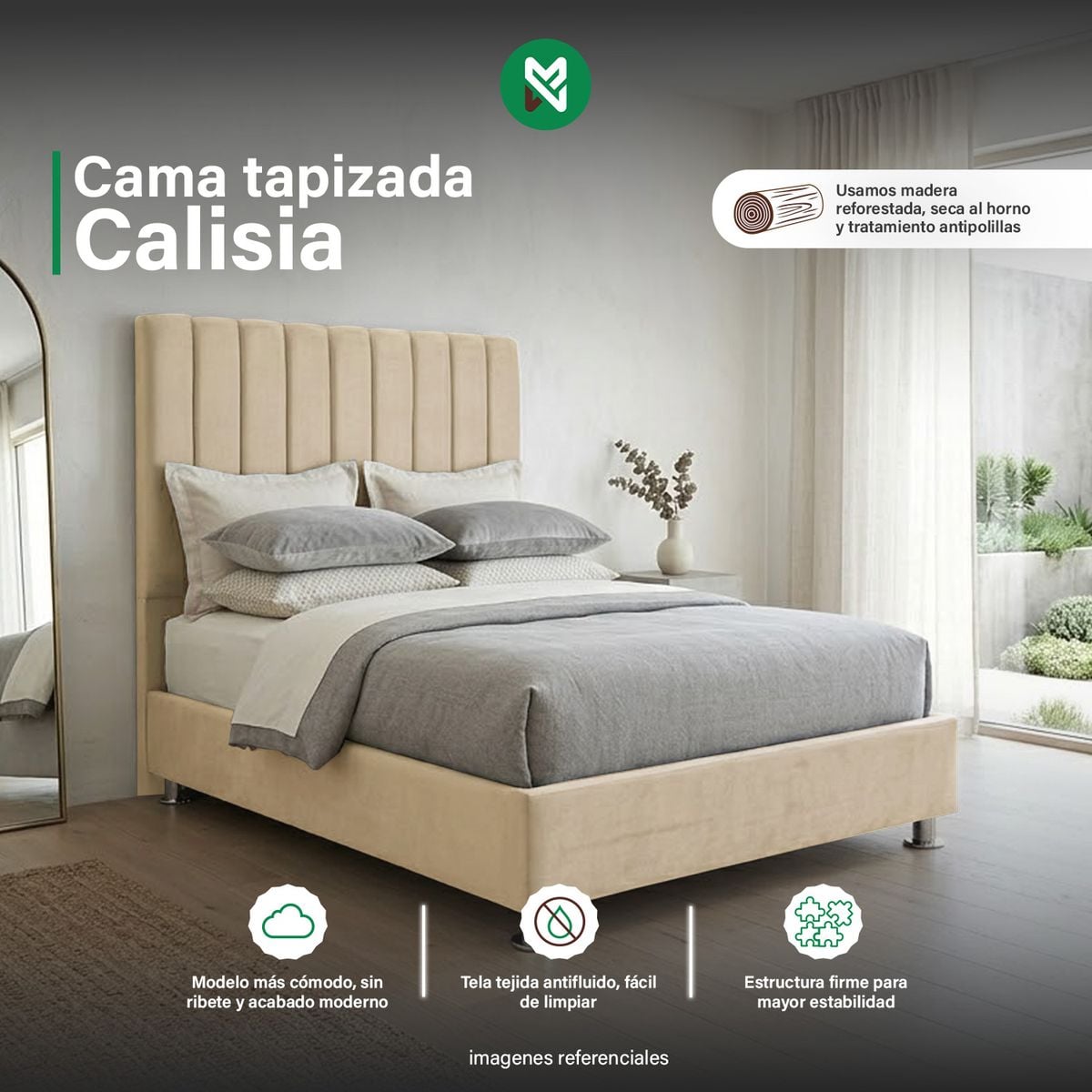 COMBO CAMA TAPIZADA CALISIA BEIGE CLARO - QUEEN+COLCHÓN SEMIORTOPÉDICO - 1