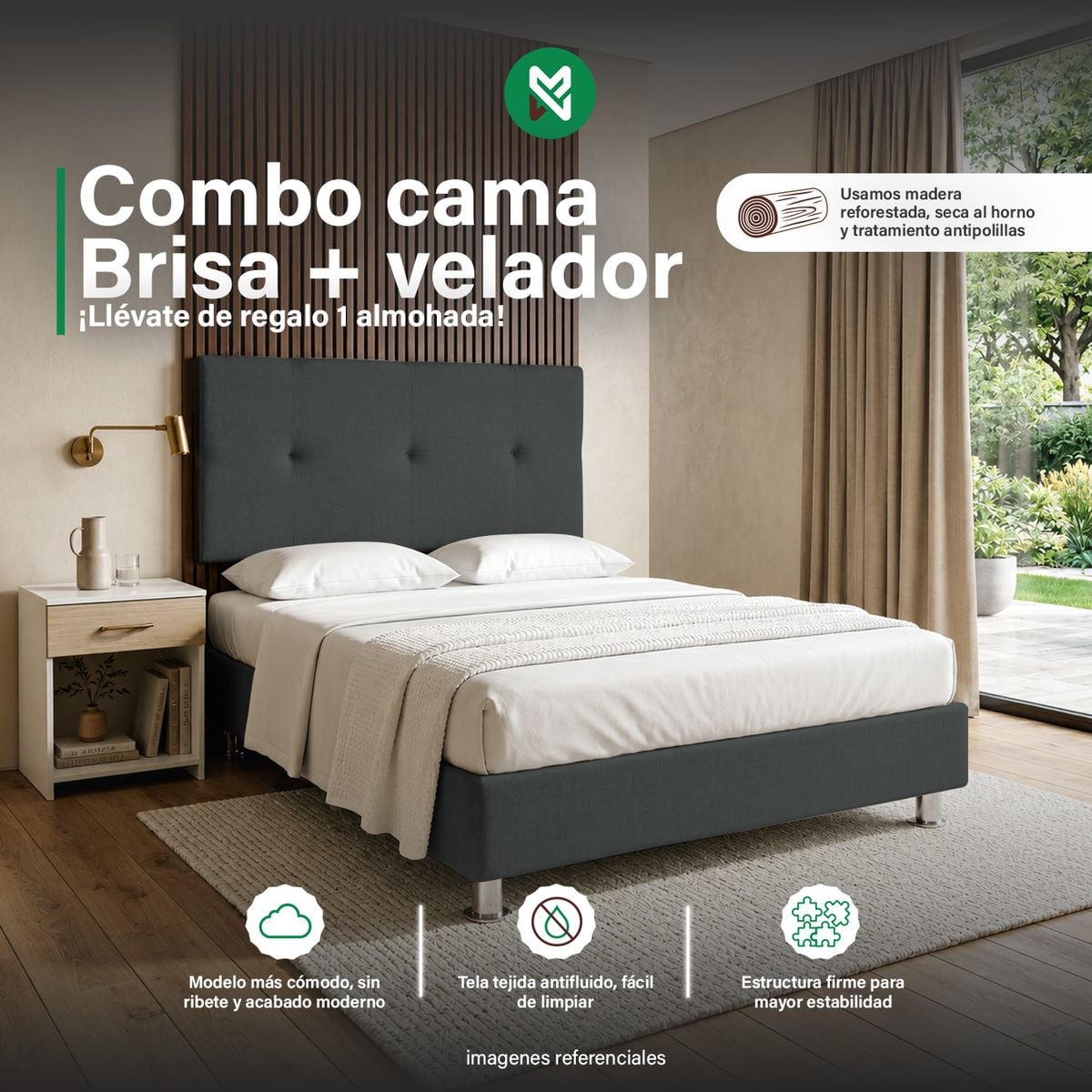 COMBO CAMA BRISA TELA ANTIFLUIDO 2PLZ NEGRO + VELADOR TED + ALMOHADA - 1