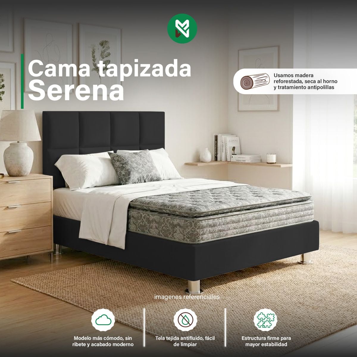 COMBO CAMA TAPIZADA SERENA - QUEEN NEGRO + COLCHÓN SEMIORTOPÉDICO - 1