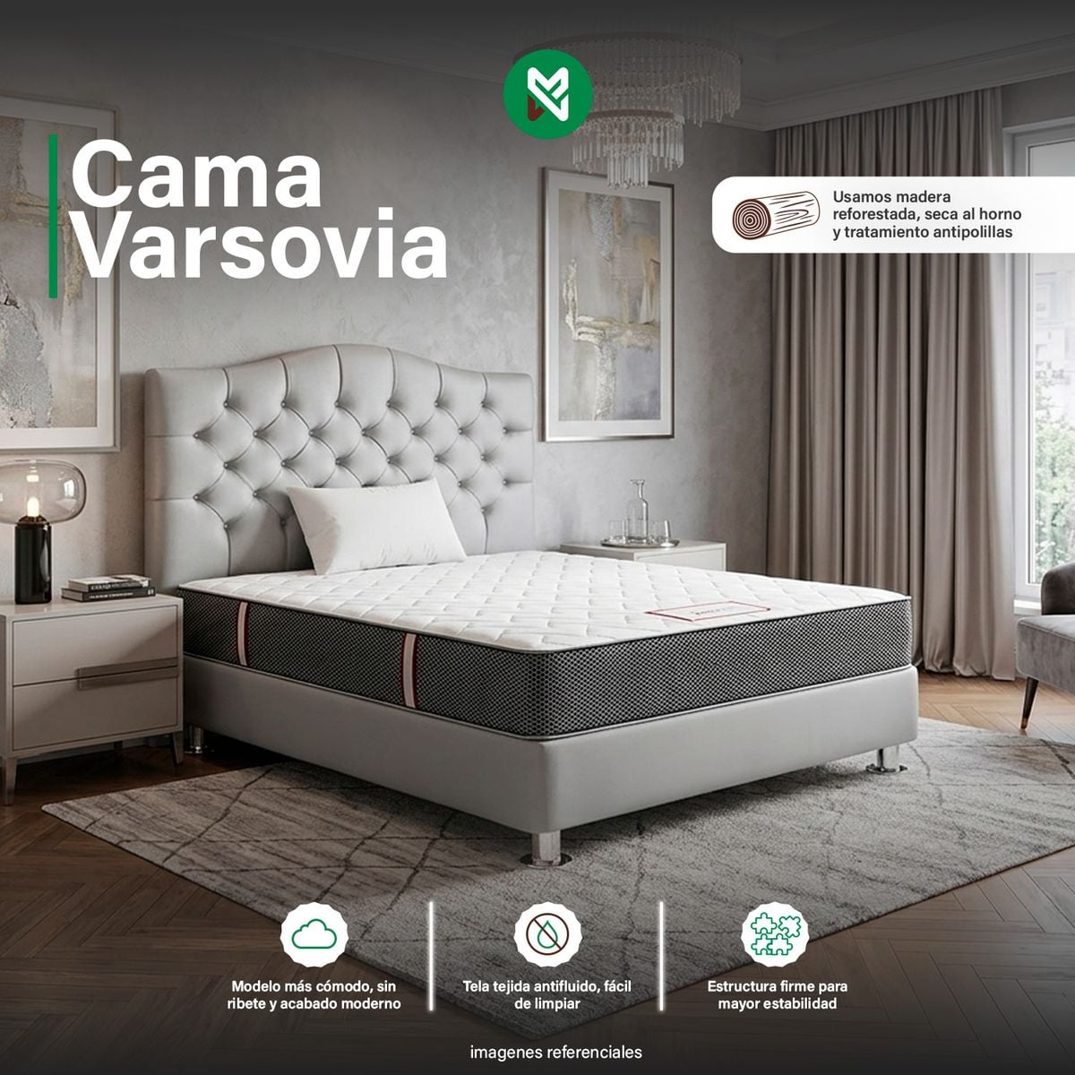 CAMA TAPIZADA VARSOVIA - QUEEN - COLOR GRIS CLARO - 1