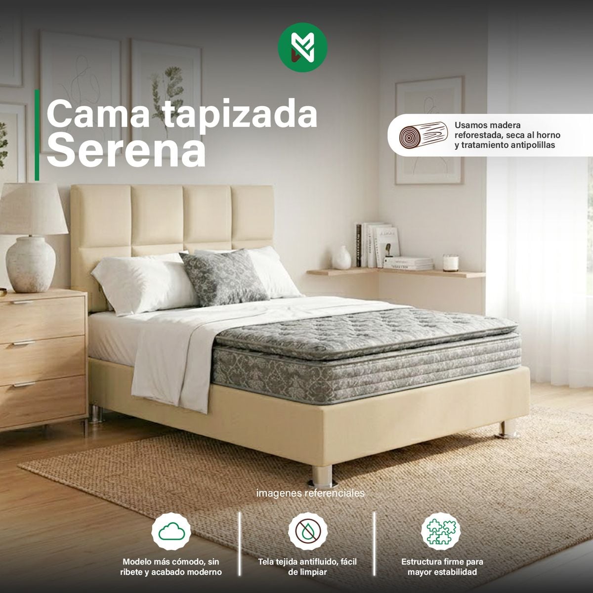 COMBO CAMA TAPIZADA SERENA - 2 PLZ BEIGE CLARO +COLCHÓN SEMIORTOPÉDICO - 1
