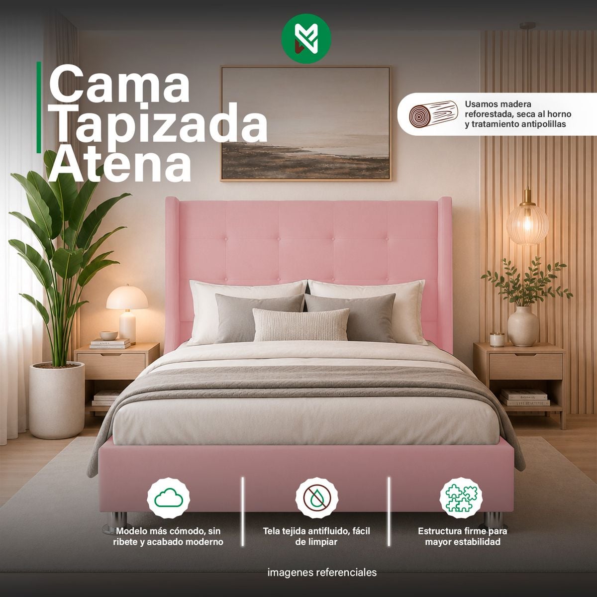 COMBO CAMA TAPIZADA ATENAS - 2 PLZ - ROSADO + COLCHÓN SEMIORTOPÉDICO - 1