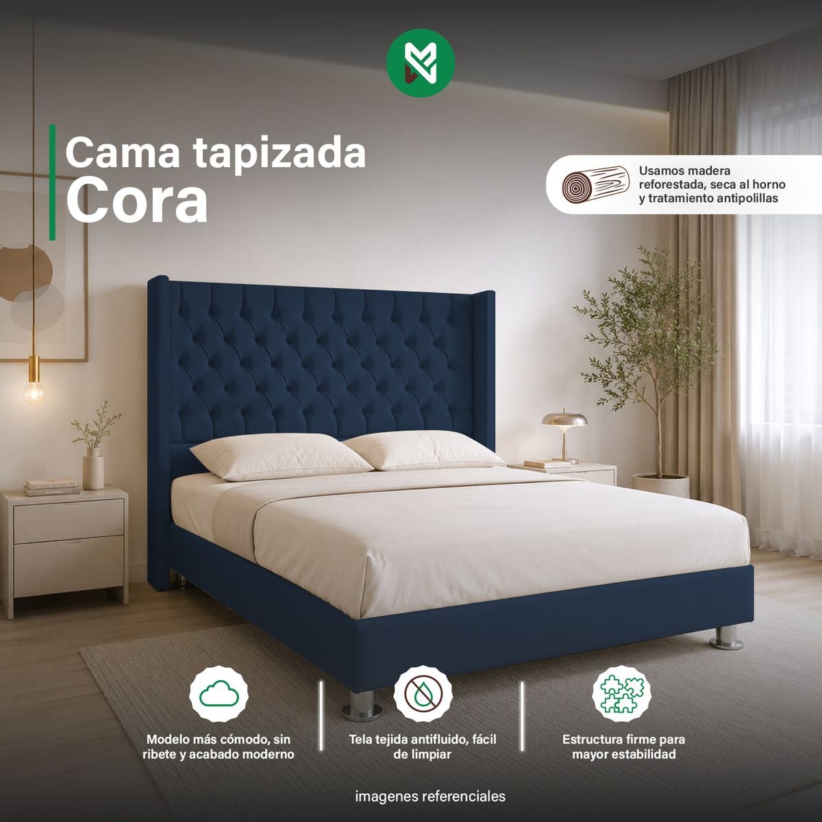 CAMA TAPIZADA CORA KING 2 TARIMAS - COLOR AZUL - 1