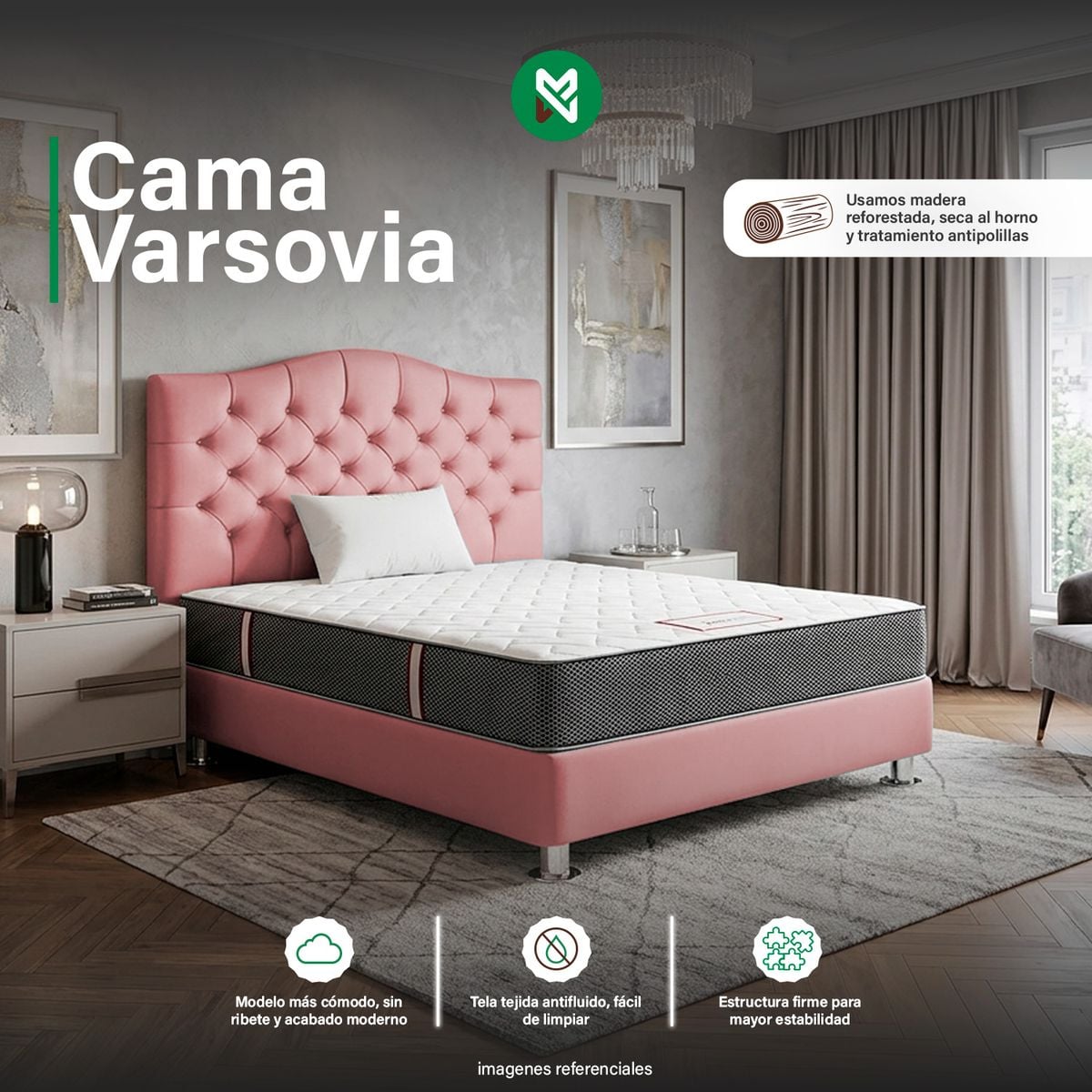 COMBO CAMA TAPIZADA VARSOVIA ROSADA 2PLZ + COLCHON SEMIORTOPEDICO+ALMD - 1