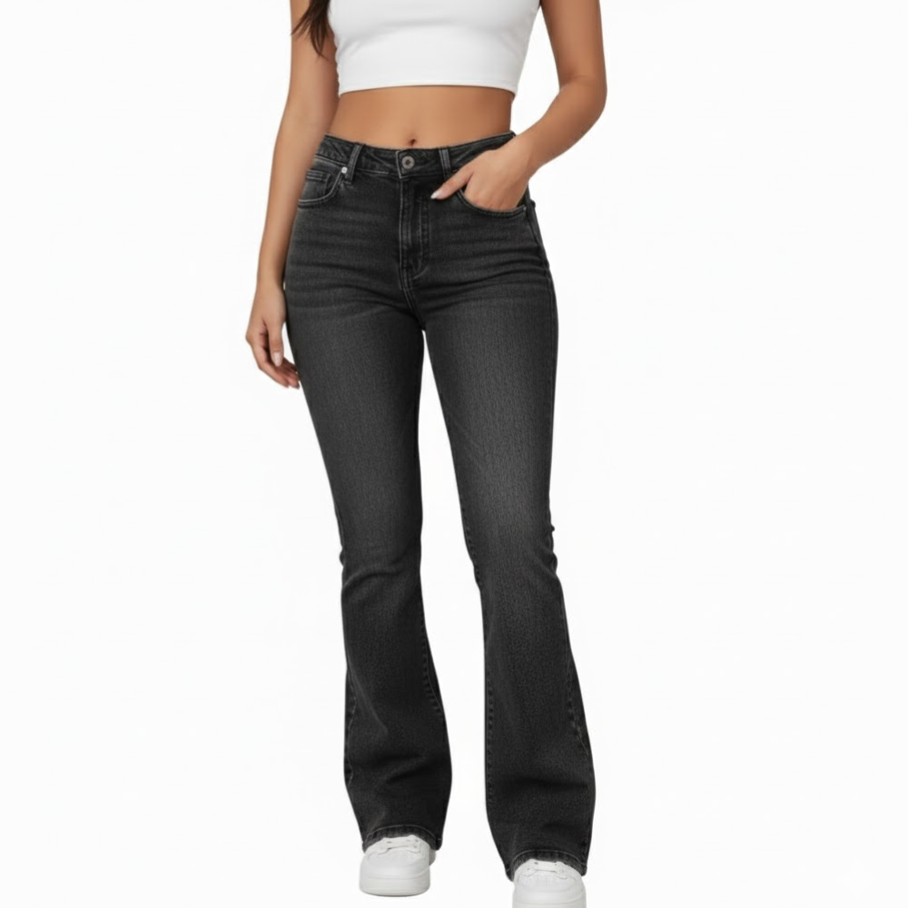 PANTALÓN MUJER GRIS OSCURO FLARE JEANS STRECH - 1