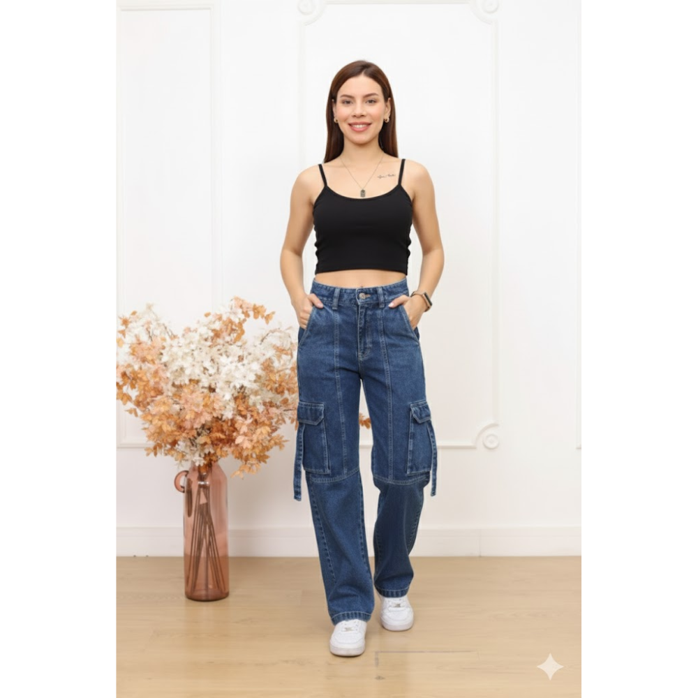 PANTALON CARGO FROSTREADO - DENIN RIGIDO AZUL - 1