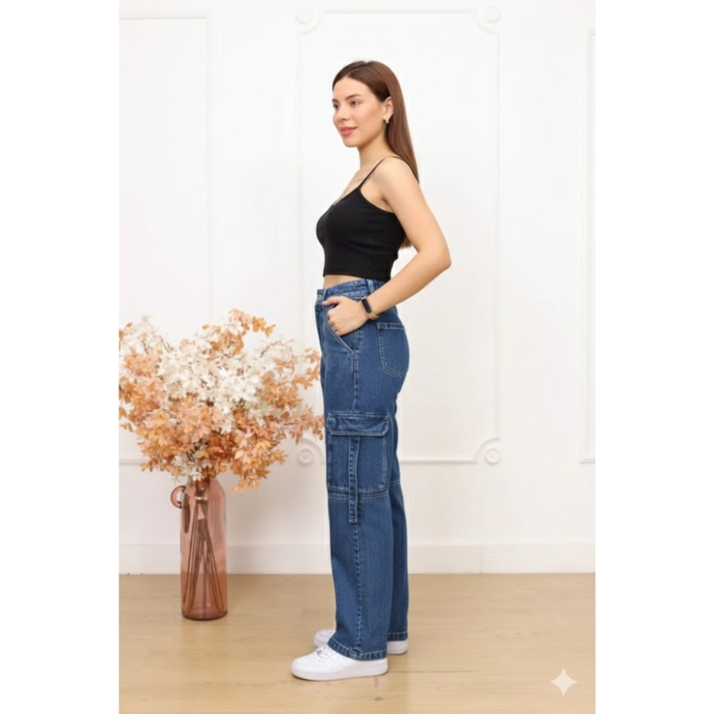 PANTALON CARGO FROSTREADO - DENIN RIGIDO AZUL - 3