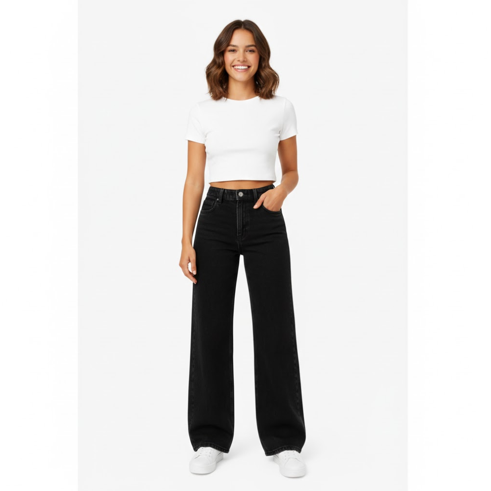 PANTALON JEAN WIDE LEG - JEAN RIGIDO - NEGRO - 1